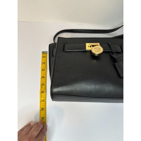 Michael Kors Black Leather Satchel Crossbody Bag Gold Lock Womens Designer Purse - Picture 6 of 7